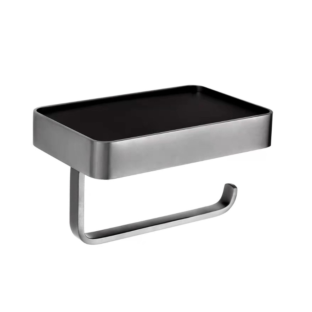 Product Cut out image of the JTP Vos Brushed Black Toilet Roll Holder with Shelf